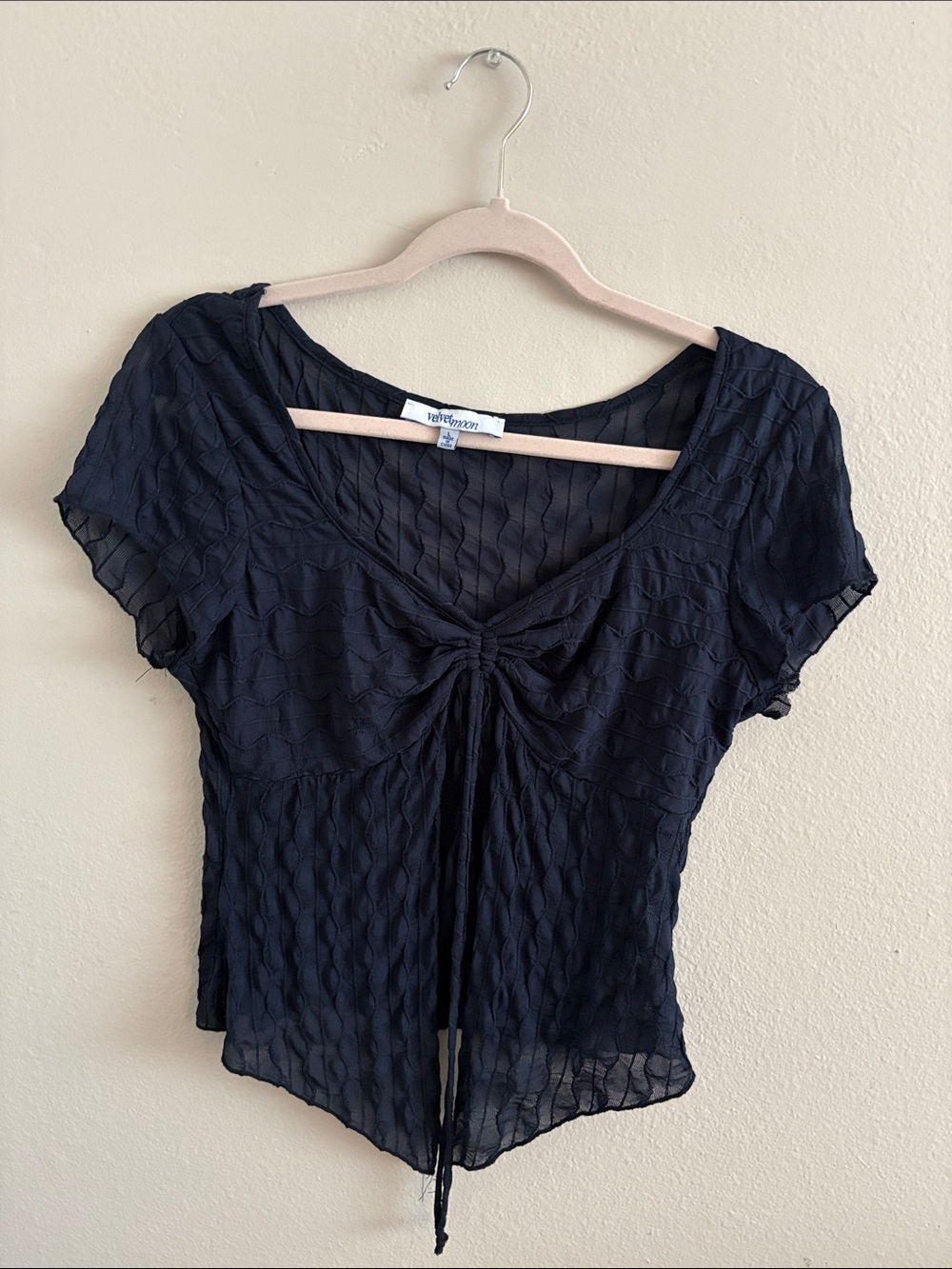 Velvet Navy Sheer Tie-Front Short-Sleeve Blouse